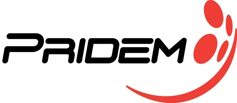 Logotipo de Pridem con tipografía negra y trazo rojo