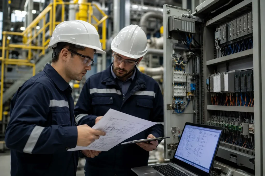Técnico trabajando en un panel de control industrial, mostrando la complejidad de instalaciones de instrumentación y automatización en Cataluña.