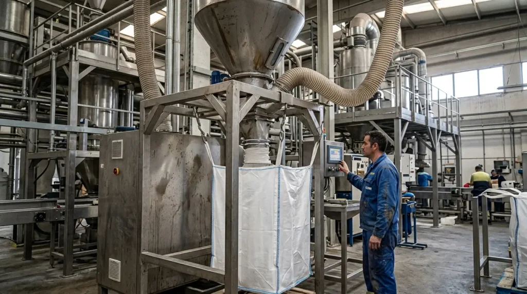 Estación de dosificación y pesaje industrial para big bags, optimizando el control de procesos en plantas químicas y farmacéuticas.