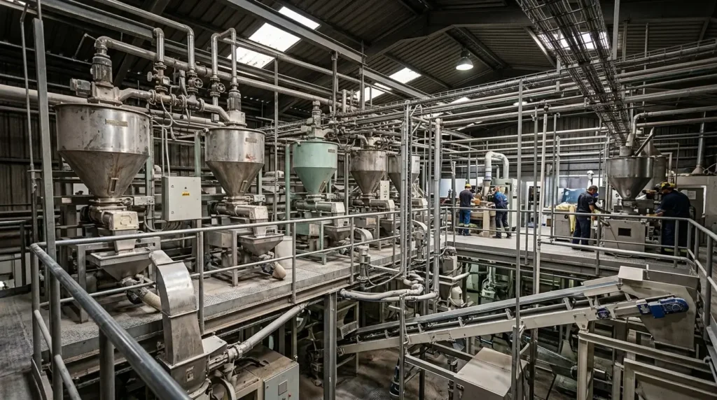 Línea de pesaje industrial automatizada en una planta farmacéutica, mostrando básculas de precisión y cintas transportadoras para optimizar la dosificación y el control de calidad.