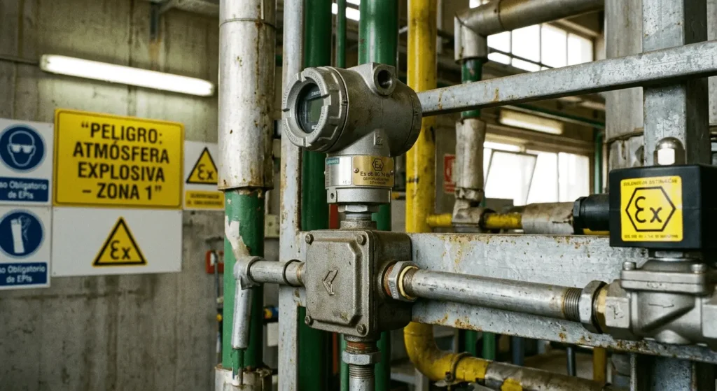 Ingeniero industrial revisando equipo de pesaje y dosificación en zona ATEX de planta química, garantizando seguridad y precisión