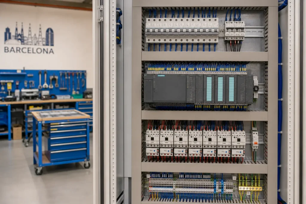 Armario eléctrico industrial en taller, diseñado y ensamblado con precisión para sistemas de ingeniería y consultoría.