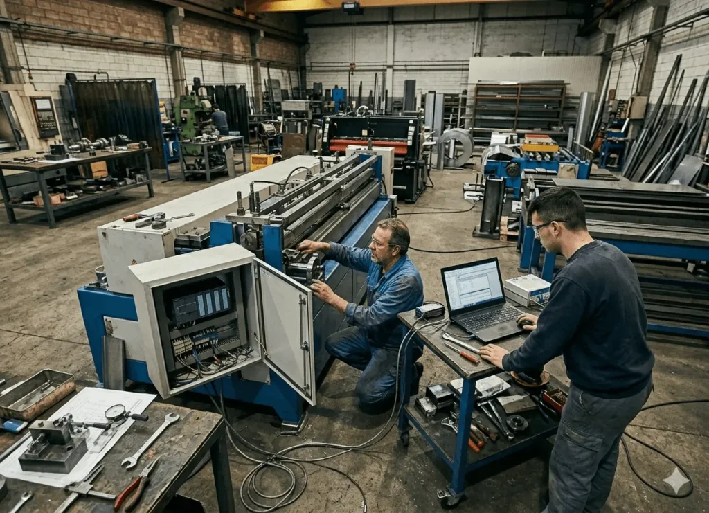 Equipo técnico especializado instala maquinaria industrial personalizada en planta de fabricación, asegurando precisión y funcionalidad.