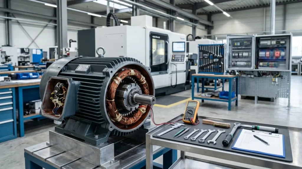 Técnicos especializados de Grupo Gaherma realizando mantenimiento eléctrico industrial en un cuadro de control con equipos modernos para asegurar la operatividad y seguridad en Cataluña.