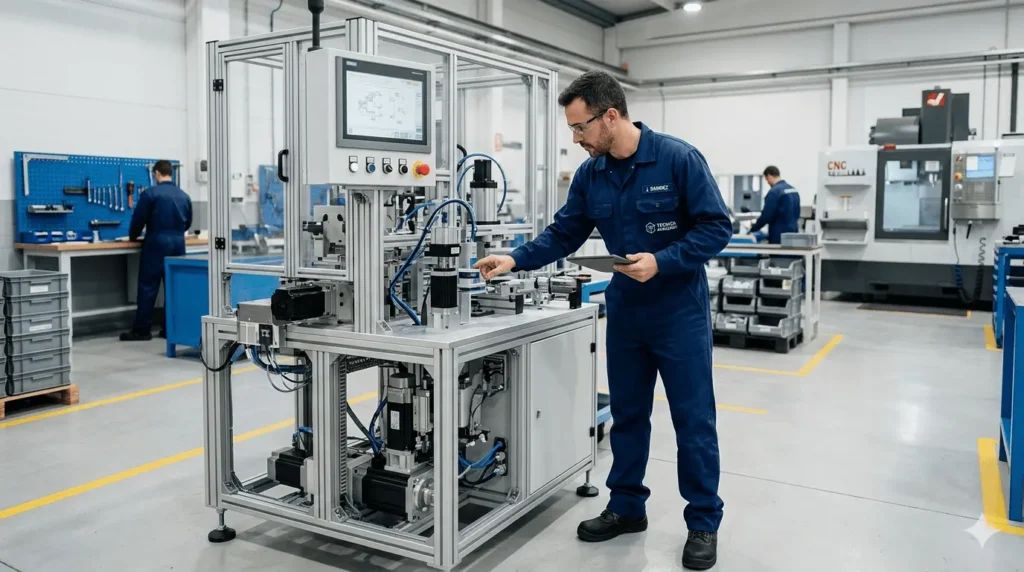 Técnico especializado supervisa la fabricación de maquinaria industrial personalizada, asegurando precisión en el taller de ingeniería.