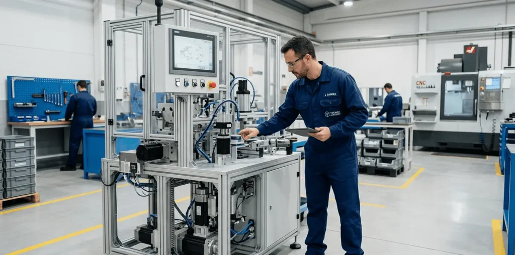 Técnico especializado fabrica y ensambla componentes de maquinaria industrial a medida en un taller de ingeniería en Rubí, Barcelona, asegurando precisión y cumplimiento normativo CE.