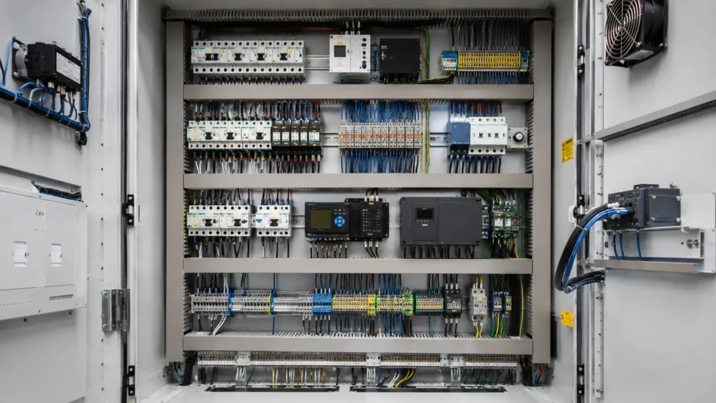 Cuadro eléctrico industrial abierto mostrando sus componentes internos